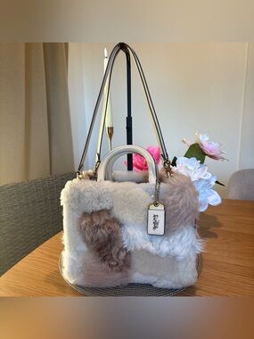 Coach Shearling Rogue 25 Bag In Cream, Muted Pink, Beige Shearling Fur.
